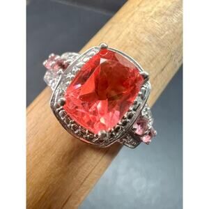 Sterling Silver Peach Red Quartz Doublet & Pink Tourmaline Ring 8.75